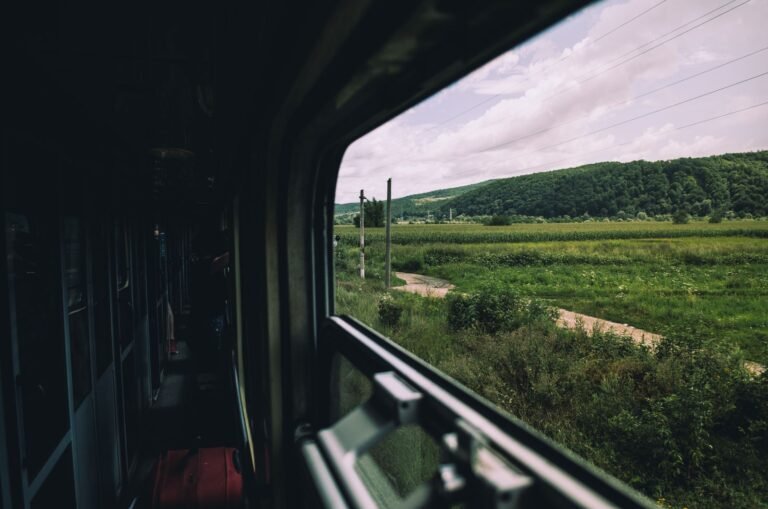 Paysage de campagne verte et vallonnée vu depuis la fenêtre d'un train en marche